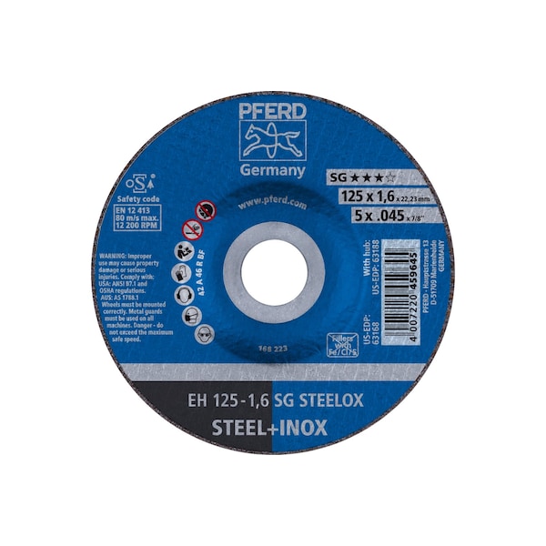 Pferd Abrasive Cut-Off Wheel, Type 27, 5 in Dia, 0.045 in Thick, 7/8 in Arbor Hole Size, Aluminum oxide A 63168 - main